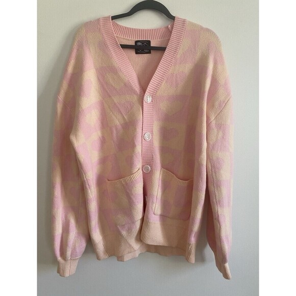 Steady Hands Knit Button Front Cardigan Size M/L Pink Hearts Pockets Print - Picture 1 of 9